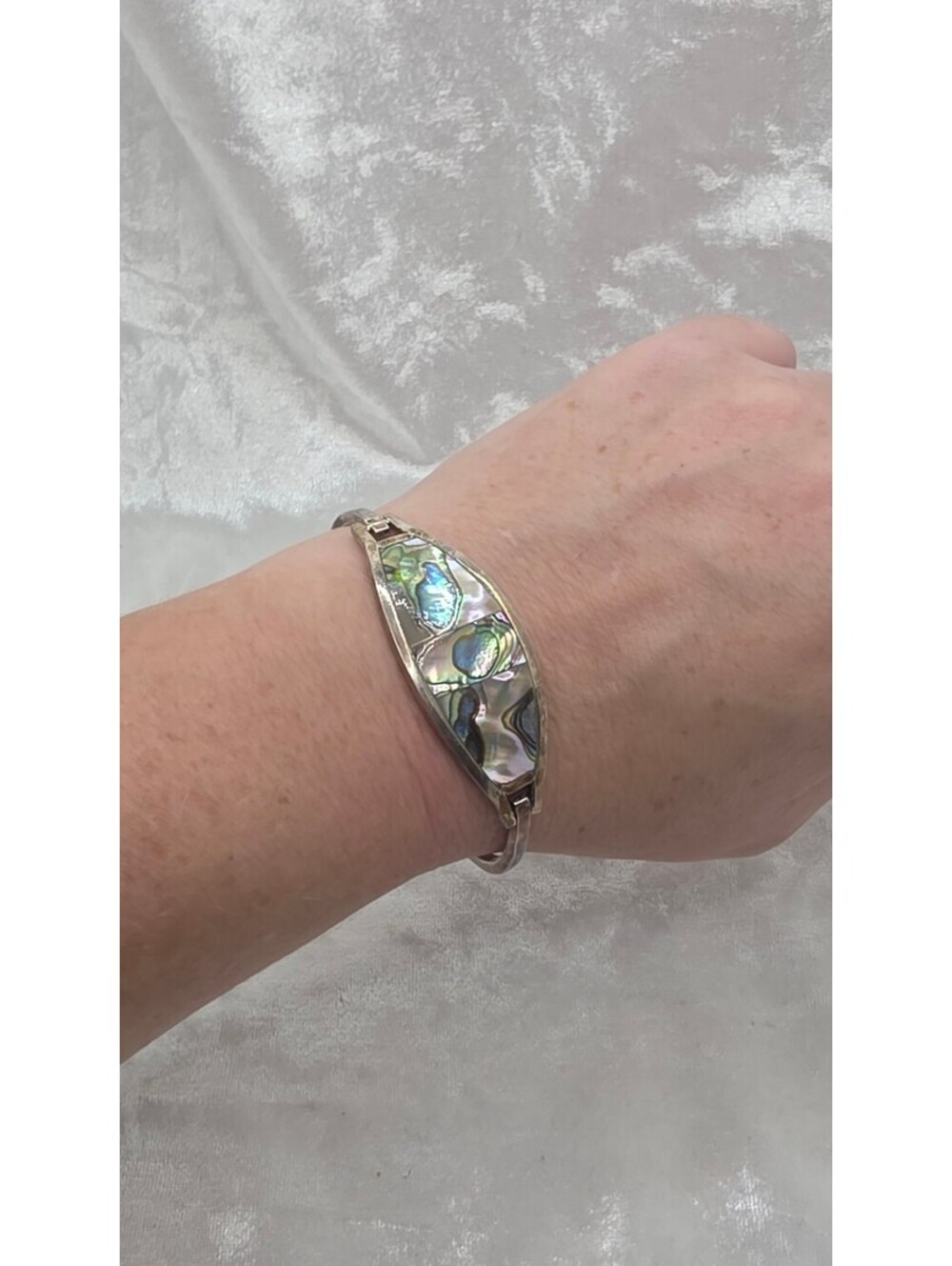 Vintage Mexico Alpaca Silver Abalone Shell Inlay Hinged Bangle Bracelet